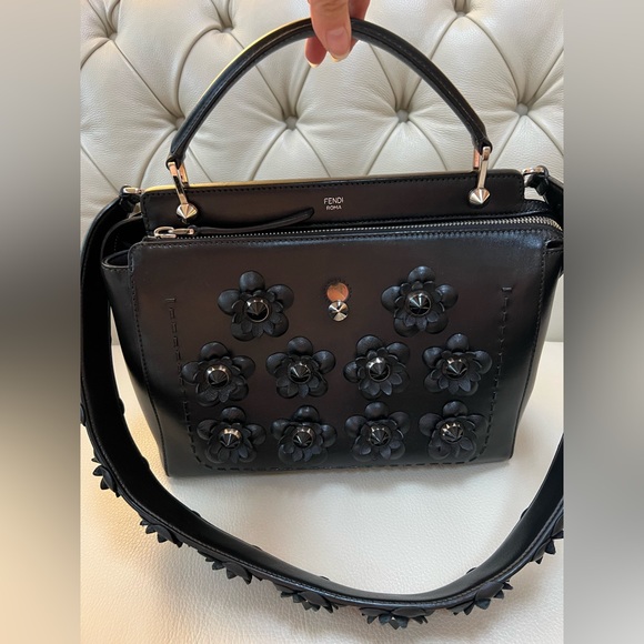 Fendi Dotcom Black Leather Bag Flowers Studded with Matching Strap Satchel - Picture 4 of 14